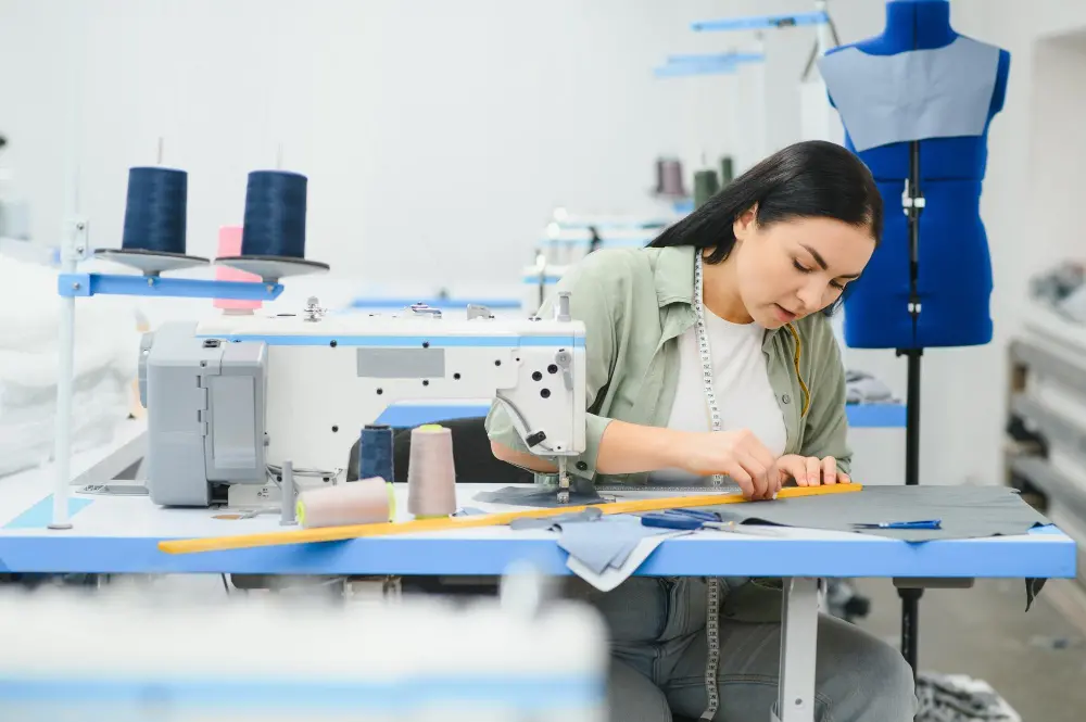 young-dressmaker-woman-sews-clothes-working-table-smiling-seamstress-her-hand-close-up-Aprilluck-workshop