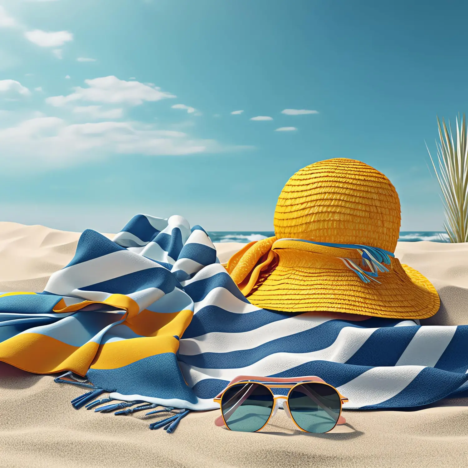 yellow-hat-sunglasses-are-beach-towel.