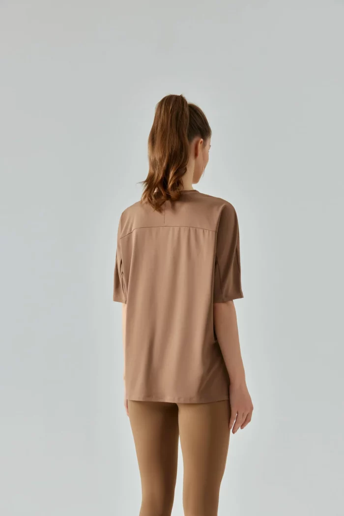 Loose-Fit Yoga Top with Mesh Panel-brown-back