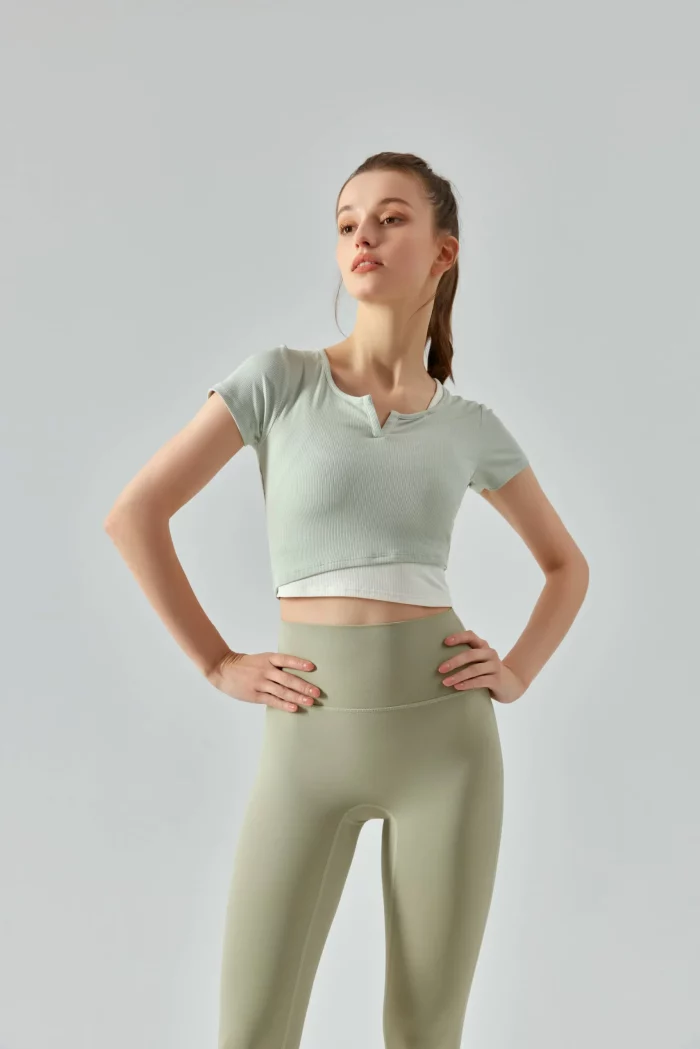 V-Neck Ribbed Yoga Short Sleeve T-Shirt green