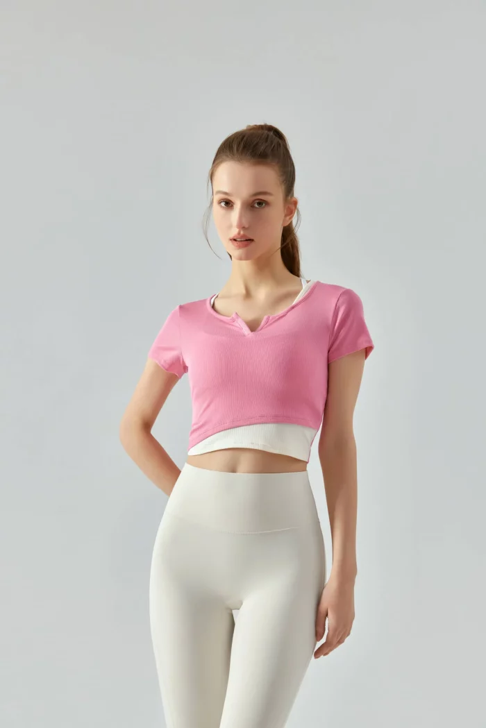 V-Neck Ribbed Yoga Short Sleeve T-Shirt pink