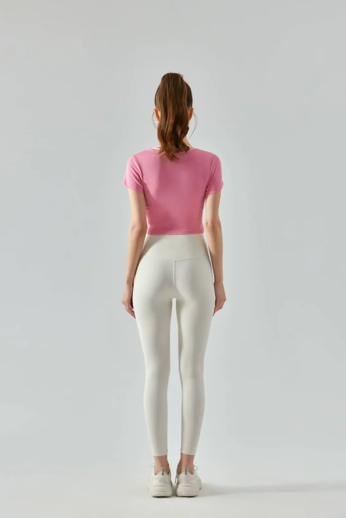 V-Neck Ribbed Yoga Short Sleeve T-Shirt pink back-aprilluck
