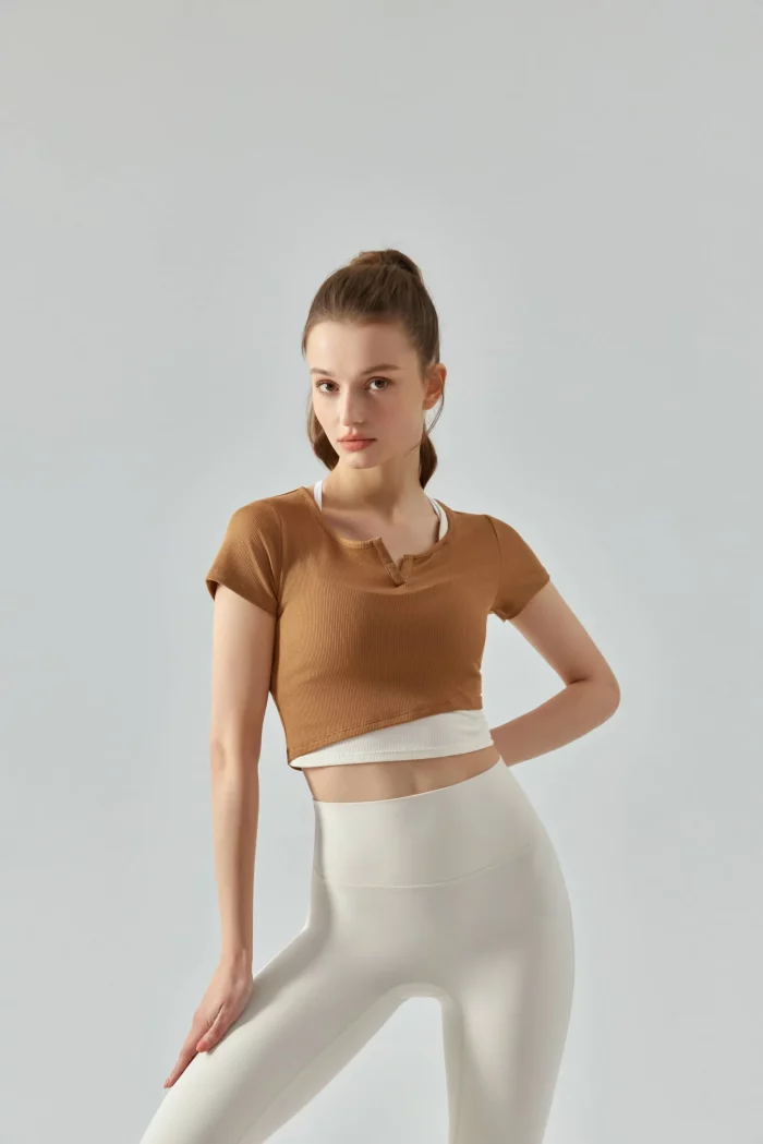 V-Neck Ribbed Yoga Short Sleeve T-Shirt brown