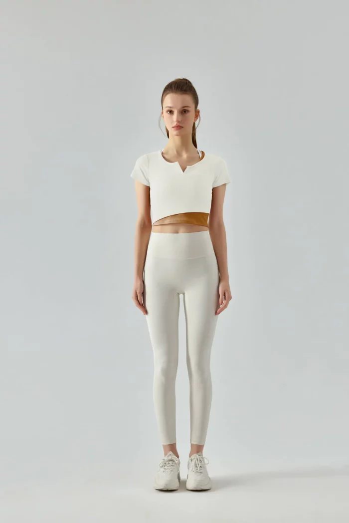 V-Neck Ribbed Yoga Short Sleeve T-Shirt white
