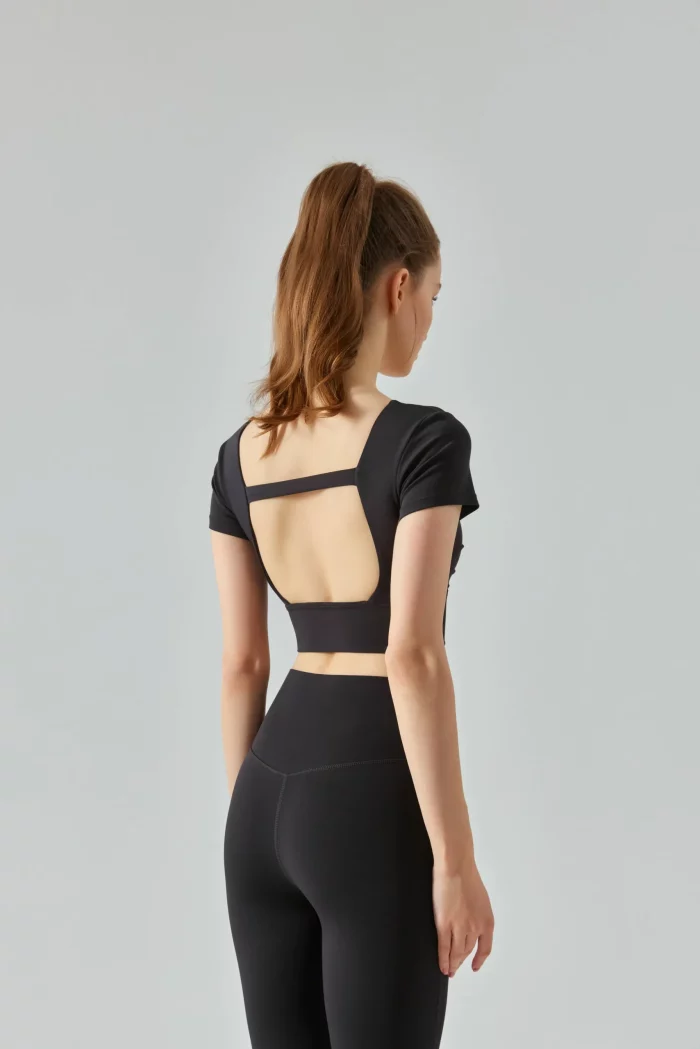Fitness T-Shirt with Detachable Chest Pad & Hollow Back Detailing-black-back