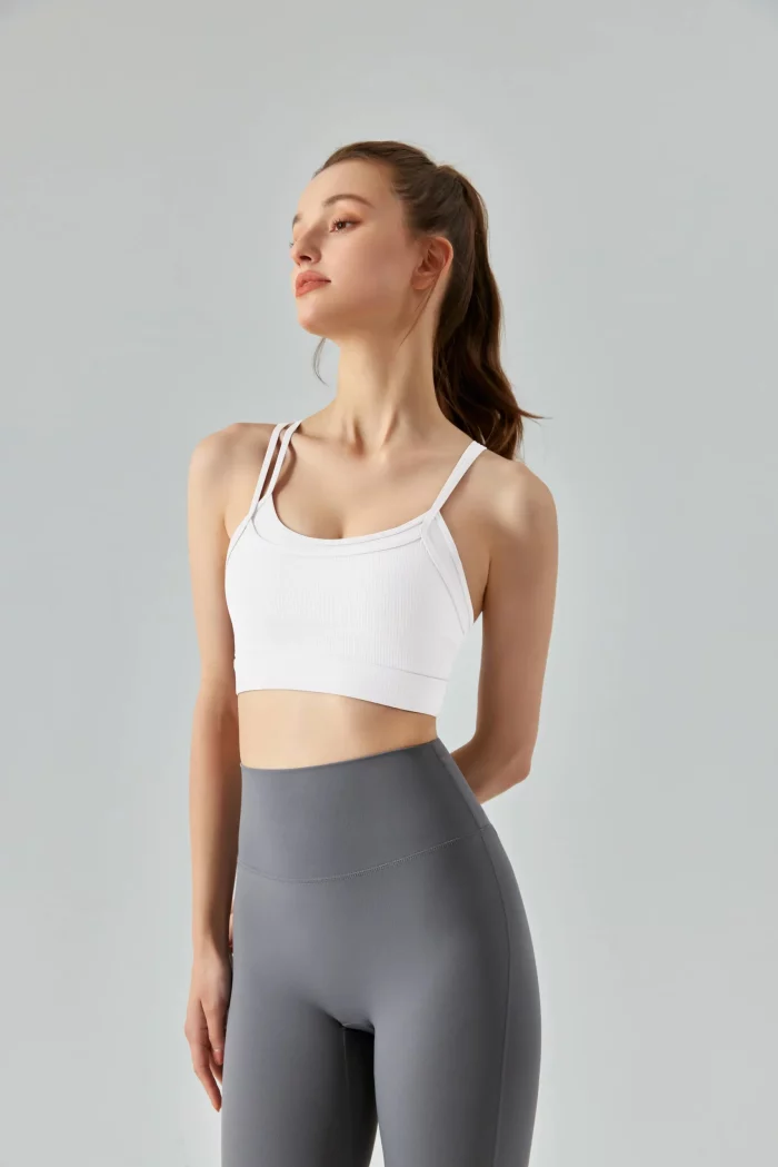 Dual-Strap Ribbed Sports Bra & Cross-Back Tank Top-white