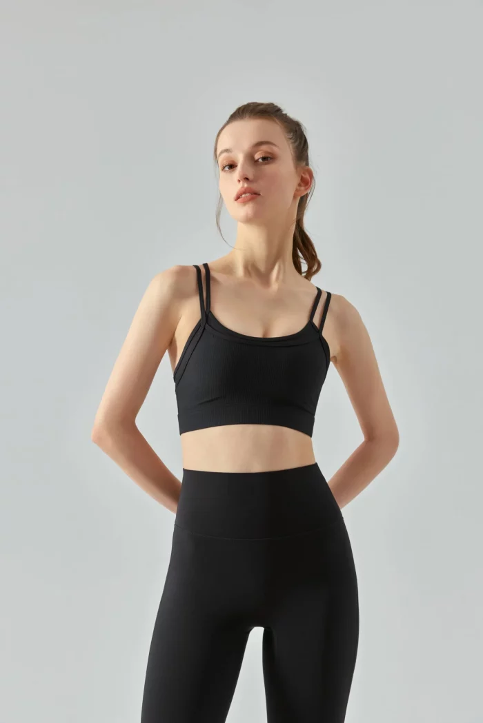 Dual-Strap Ribbed Sports Bra & Cross-Back Tank Top-black