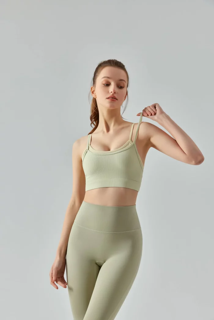 Dual-Strap Ribbed Sports Bra & Cross-Back Tank Top-light green