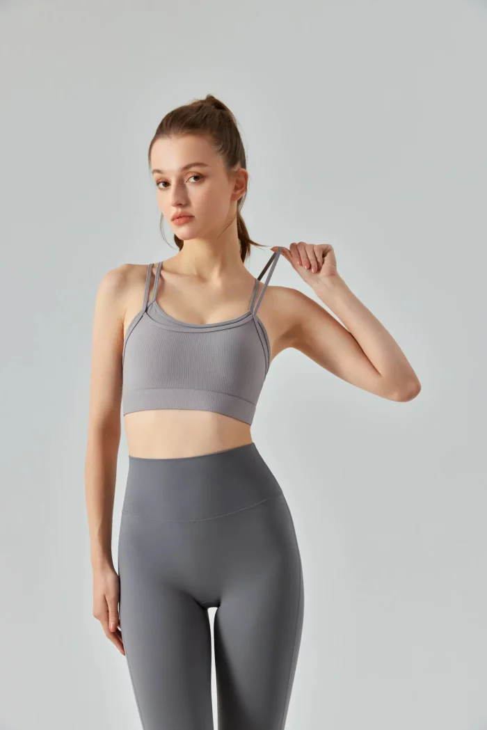 Dual-Strap Ribbed Sports Bra & Cross-Back Tank Top-grey