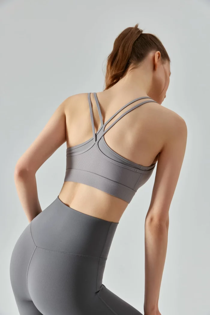 Dual-Strap Ribbed Sports Bra & Cross-Back Tank Top-grey back