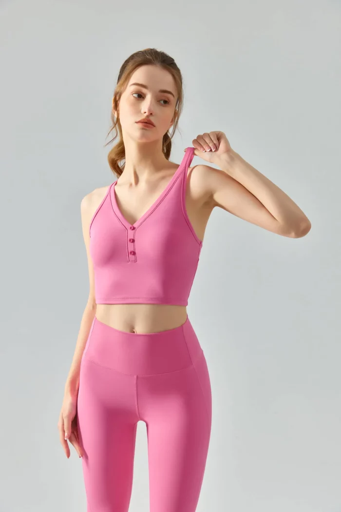 Elegance Unleashed - Women's V-Neck Button Sports Bra-pink