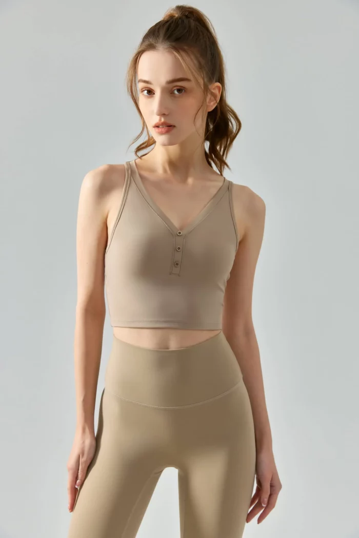 Elegance Unleashed - Women's V-Neck Button Sports Bra-chic beige