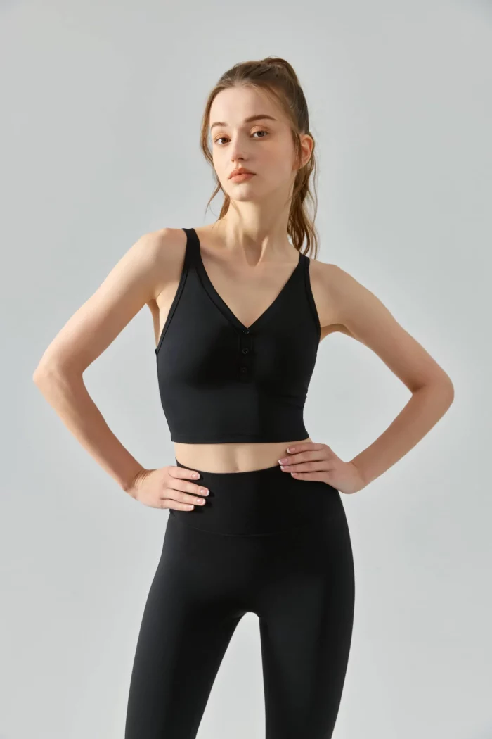 Elegance Unleashed - Women's V-Neck Button Sports Bra-black