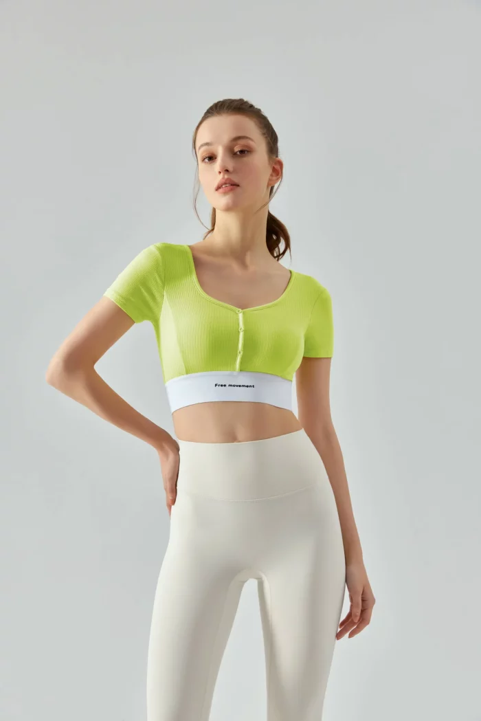 Colorblock Button-Up Short Sleeve Women's Quick-Dry Loose Fit V-neck Running Fitness Yoga Shirt